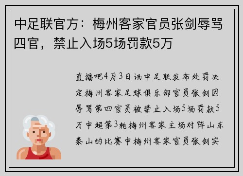 中足联官方：梅州客家官员张剑辱骂四官，禁止入场5场罚款5万