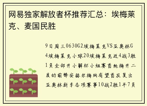 网易独家解放者杯推荐汇总：埃梅莱克、麦国民胜